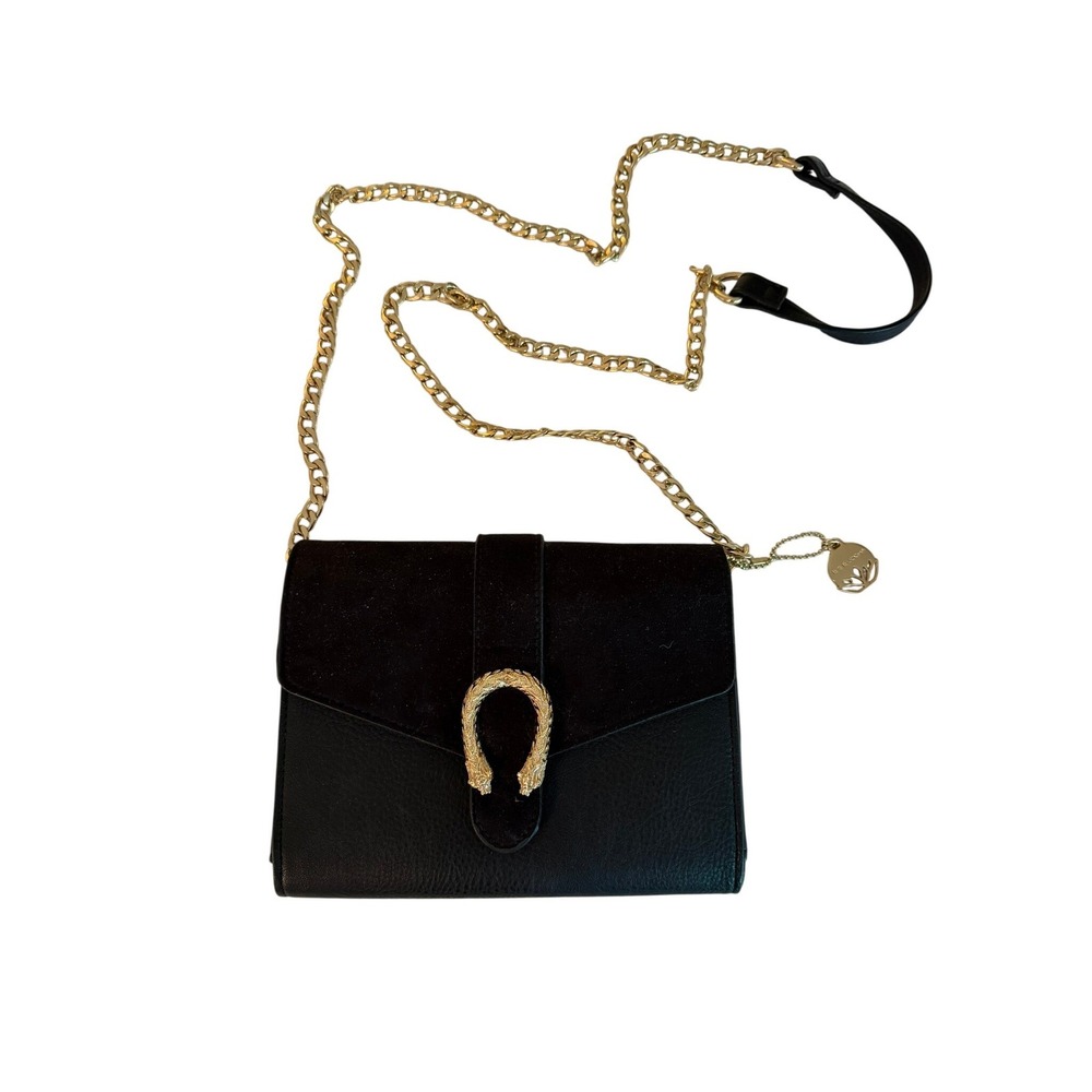 Big Buddha Black Faux Suede Leather Crossbody Bag Gold Tiger Horseshoe Buckle